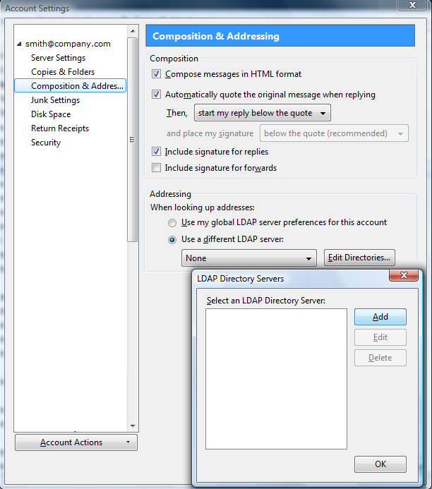 Account Settings Dialog / Composition & Addressing Tab