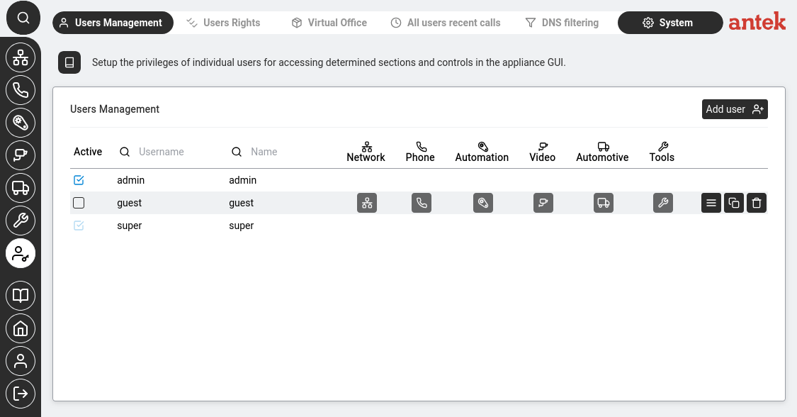 Users Management — the Active column shows which accounts are enabled.