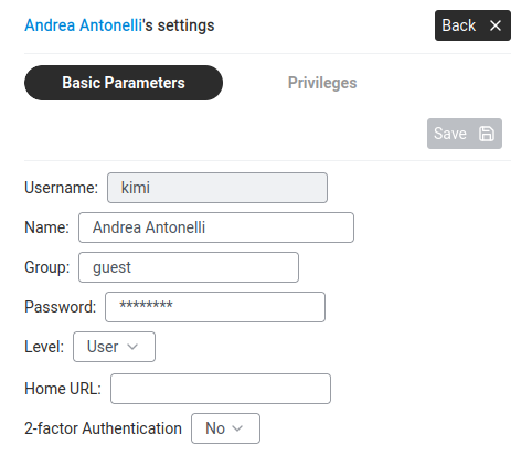 User Details — Basic Parameters tab showing Username, Password, HTTP-LEVEL dropdown, and Home URL.