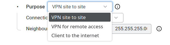 Purpose dropdown — VPN site to site, VPN for remote access, Client to the internet.
