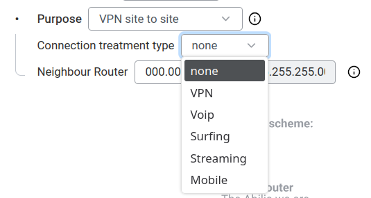 Connection treatment type dropdown — none, VPN, Voip, Surfing, Streaming, Mobile.