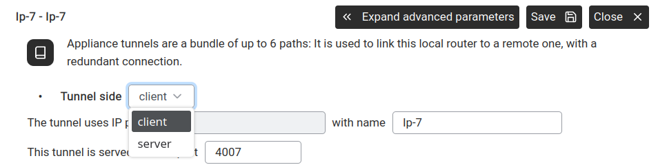 Tunnel side dropdown — client or server.