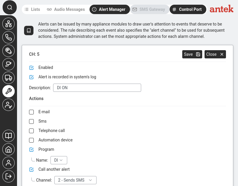 Alert Manager channel triggered by a digital input — runs a program and chains to SMS.