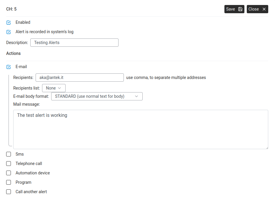 Alert Manager — creating or editing an alert channel with action and destination options.