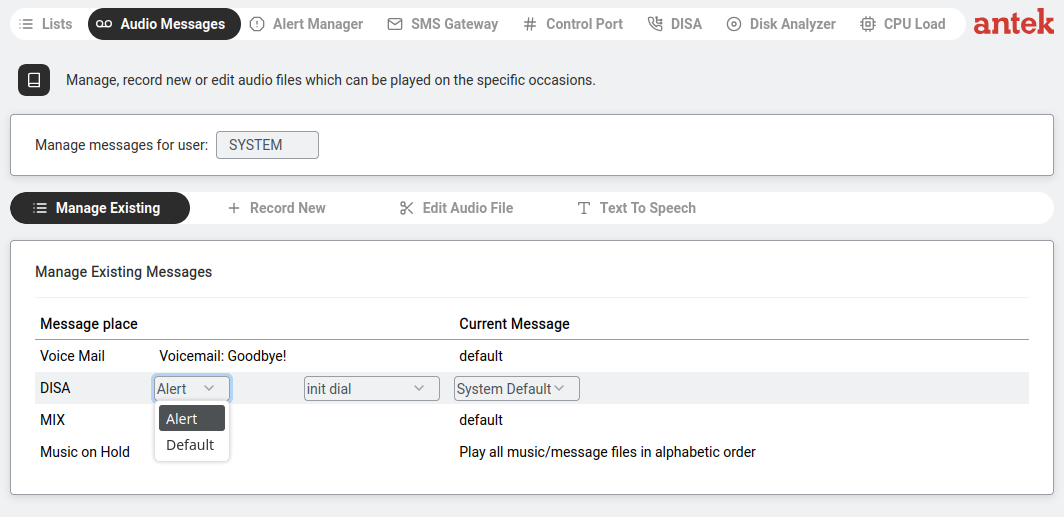 Audio Messages — DISA row