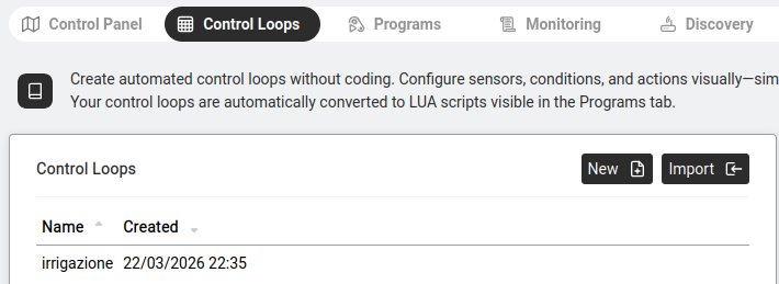 Control Loops — the main list showing configured control loops with their status.