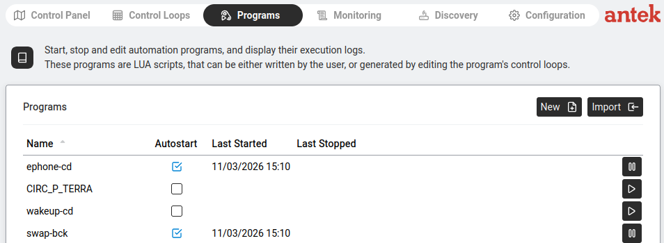 Programs — the list of automation programs with name, status, and action columns.