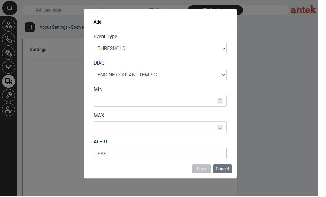 Automotive — Add Event dialog for creating a new monitoring trigger.