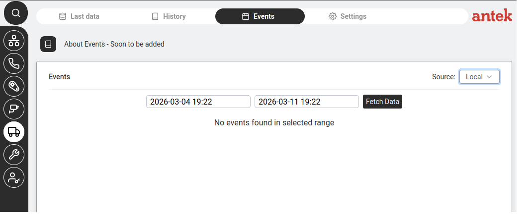 Automotive — Events tab listing configured alerts and triggers for fleet monitoring.