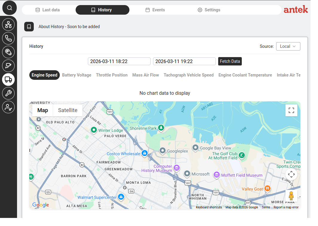 Automotive — History tab showing a timeline of recorded vehicle positions and events.