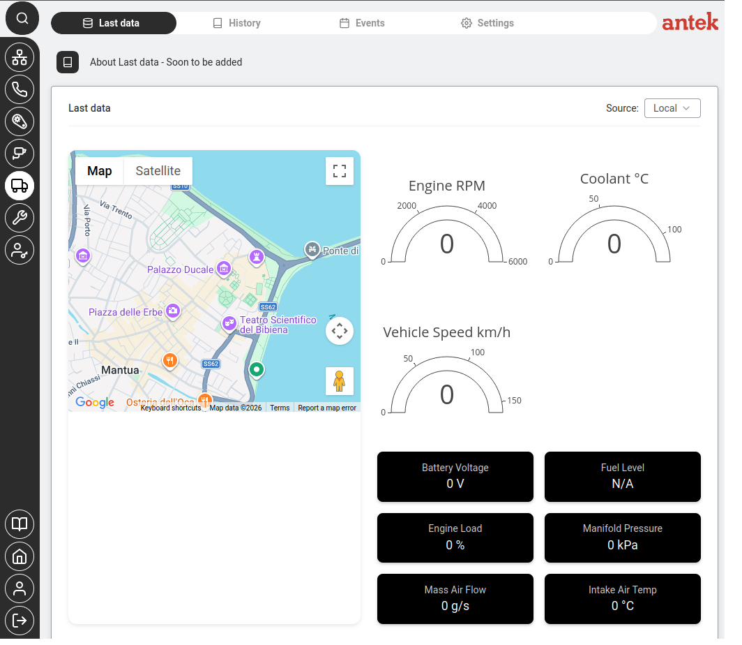 Automotive — Last Data tab showing the latest GPS position and vehicle telemetry data.