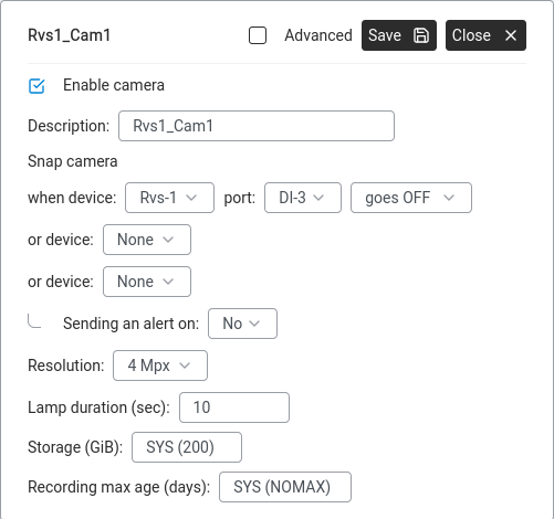 Camera settings — resolution, storage allocation, recording retention.