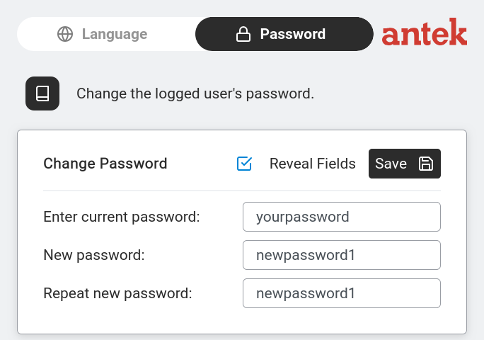 The Change Password page — enter your current password and the new one twice.