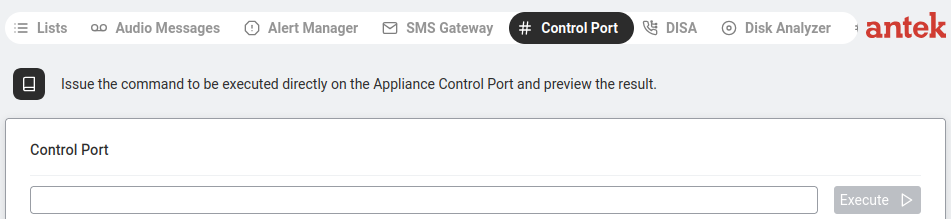 Control Port — command input field with Execute button and output area below.