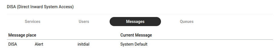 DISA — Messages sub-tab for managing IVR prompts and announcements.