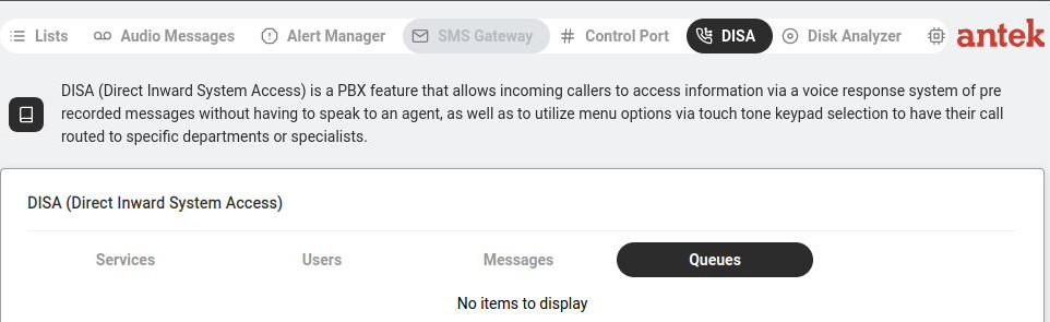 DISA — Queues sub-tab showing call queues, their assigned agents, and queue behaviour settings.