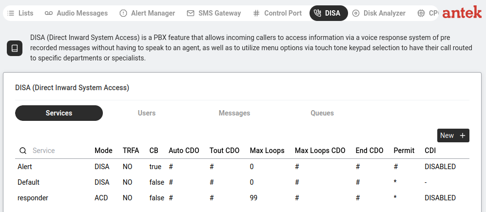 DISA — Services sub-tab showing configured auto-attendant services with their status.