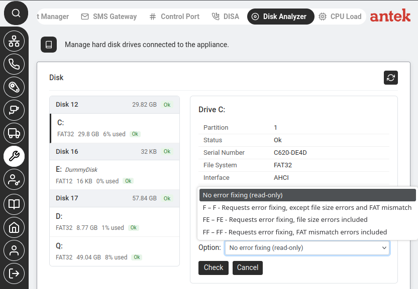 Disk Analyzer Check disk — the Option dropdown showing No error fixing, F, FE, and FF.