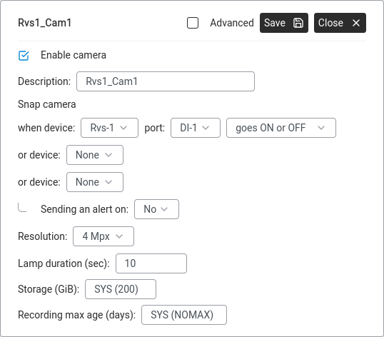 Camera settings — event trigger configured to record when a digital input changes.