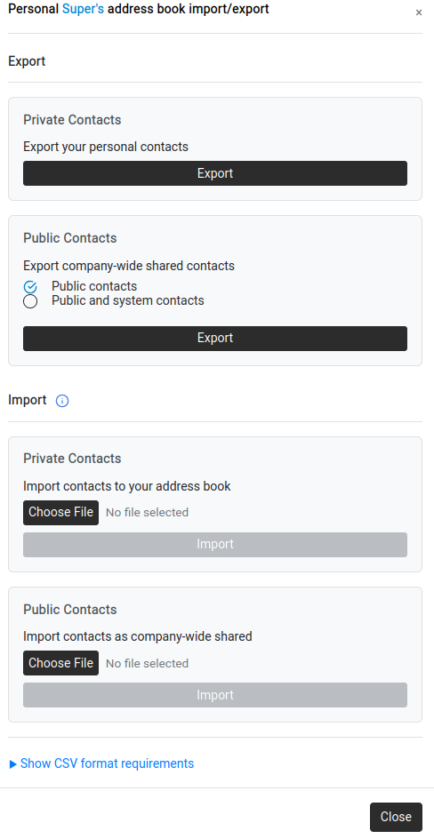 Import/Export dialog — Export and Import sections for both Private Contacts and Public Contacts, with CSV file format support.