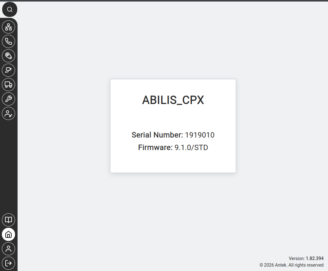 The Abilis home page — shows ABILIS_CPX, serial number, firmware version, and GUI version in the bottom-right corner.
