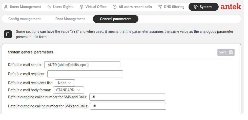 General parameters — email and SMS defaults.