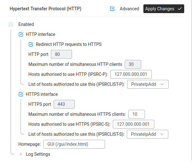 HTTP settings with HTTPS enabled.