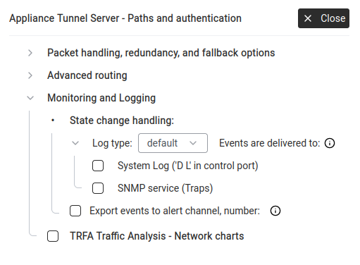Monitoring — state change handling, log type, SNMP traps, alert channel, TRFA.