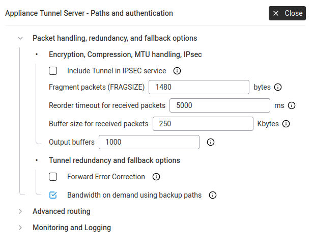 Advanced — Encryption, Compression, MTU, IPsec, tunnel redundancy options.