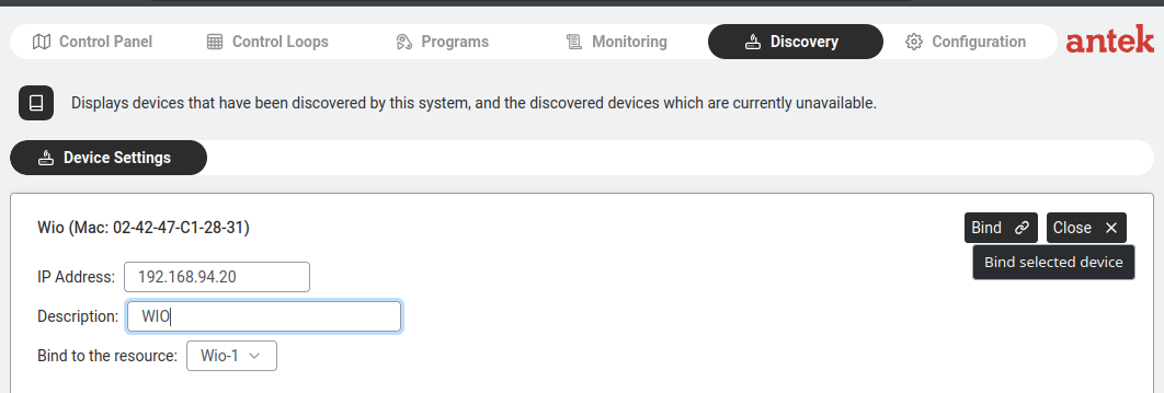 Device Settings — bind a WIO module.