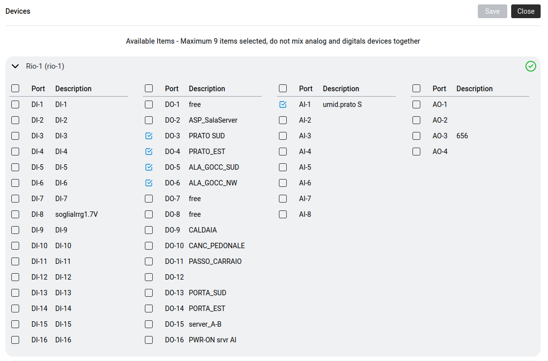 Device selector with DI, DO, AI, AO columns.