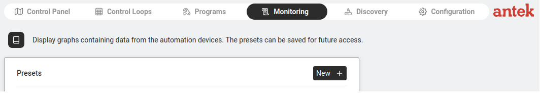 Monitoring tab with a list of saved presets.