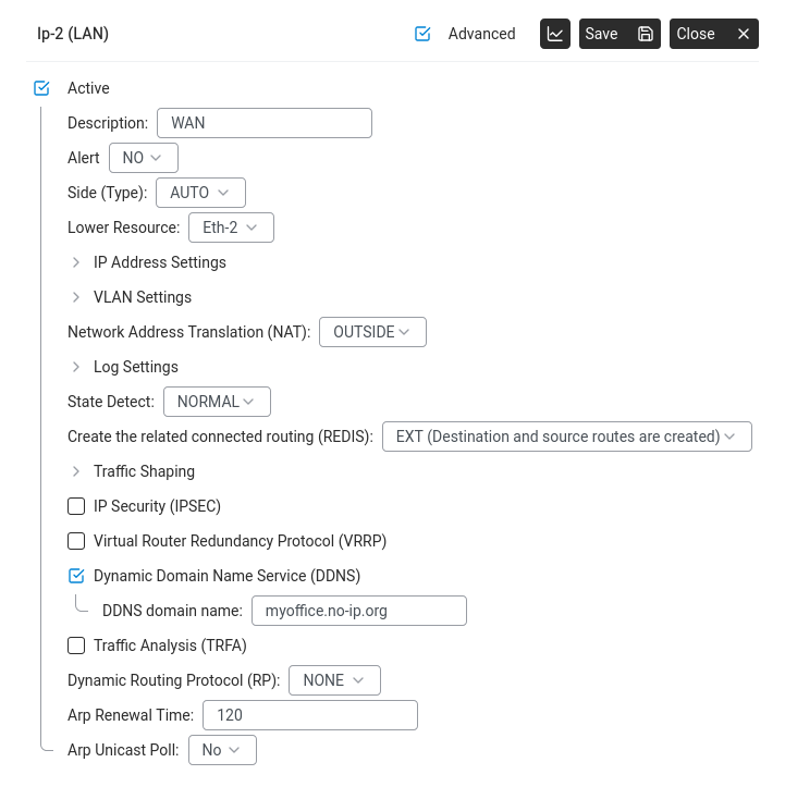 Port settings — Dynamic Domain Name Service (DDNS) enabled with domain name myoffice.no-ip.org.