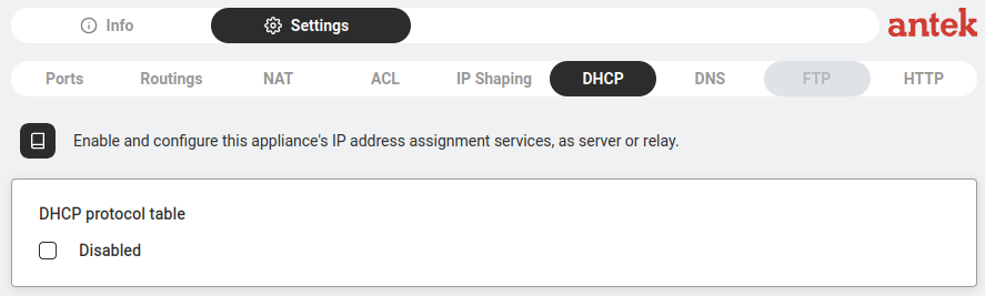DHCP tab on a fresh system — Disabled.