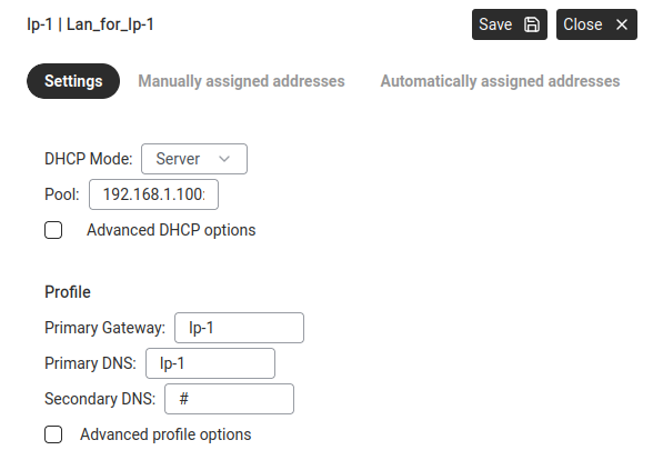 DHCP Settings — Mode, Pool, Gateway, DNS.