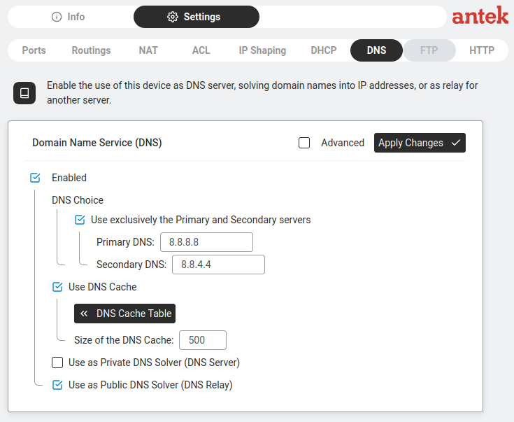 DNS settings — Primary 8.8.8.8, Secondary 8.8.4.4, DNS Relay enabled.