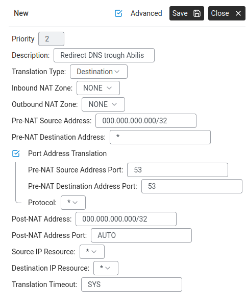DNS Redirect NAT rule — Destination type, port 53.