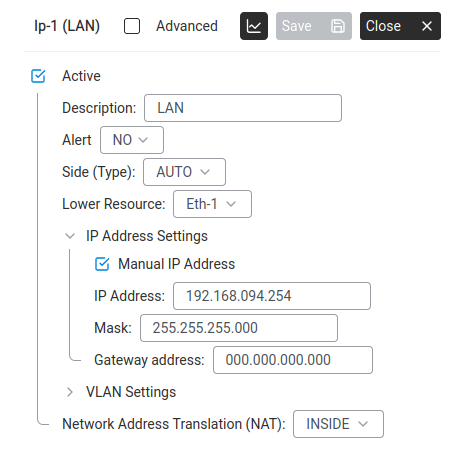 IP resource configuration panel — Description, Alert, Side (Type), Lower Resource, IP Address Settings (expanded), VLAN Settings (collapsed), Network Address Translation (NAT).