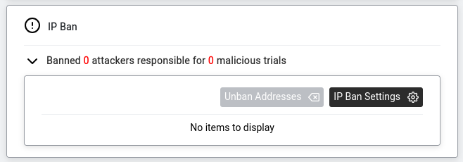 IP Ban section — Unban Addresses and IP Ban Settings buttons.