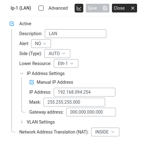 LAN port detail panel — IP address, mask, NAT zone.