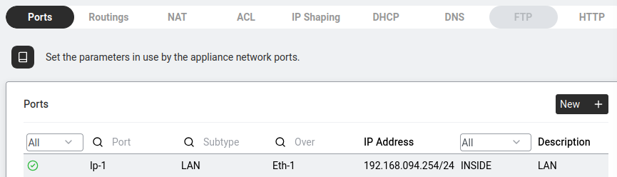 Settings > Ports — each row is a network interface.