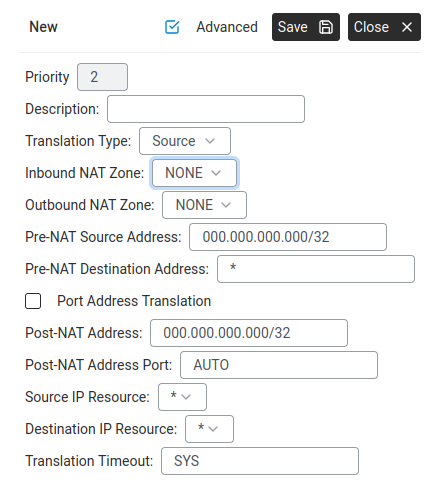 New NAT rule dialog — all the fields for a Source NAT rule.
