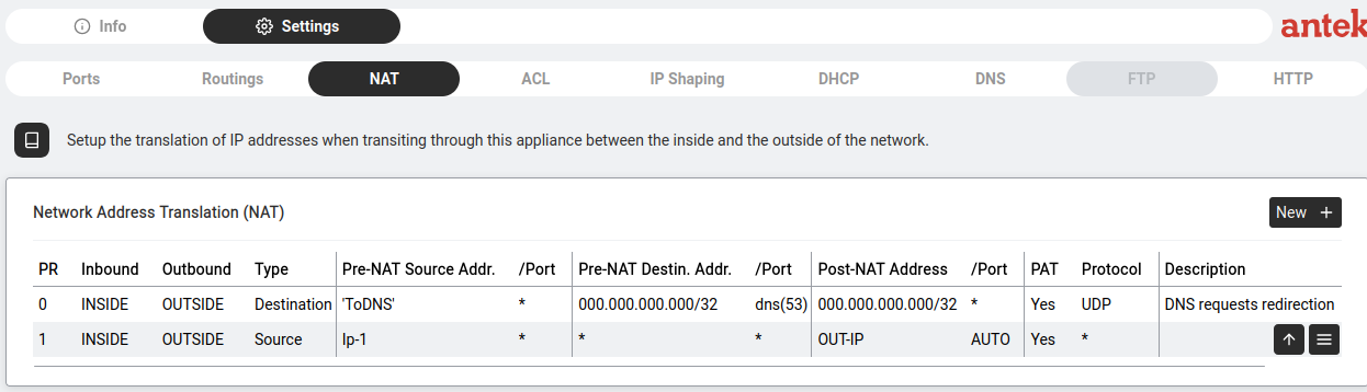 NAT table — two rules: DNS redirect and Source NAT for internet sharing.