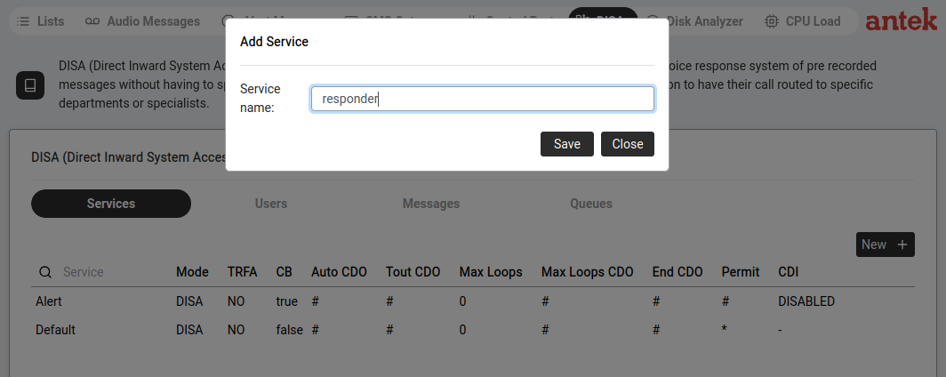 Add DISA service dialog.