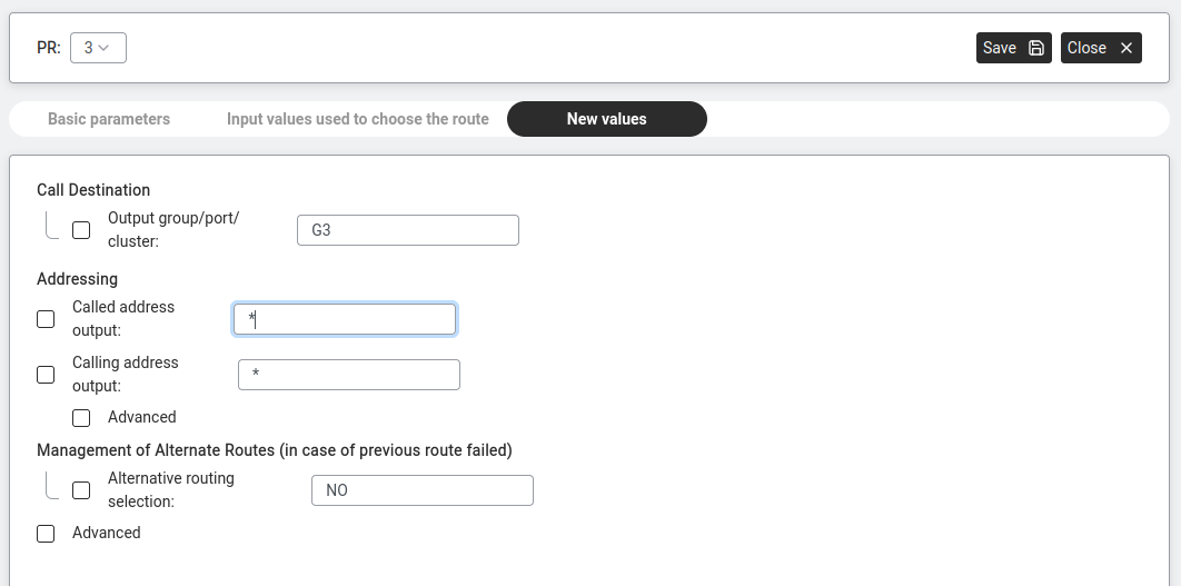 New values — Output group/port/cluster G3.