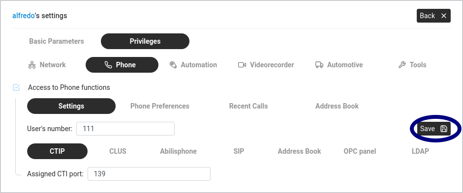 User's Phone privileges — CTIP sub-tab with a port assigned and the panel's Save button circled.