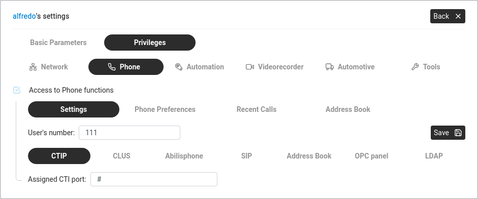 User's Phone privileges — Settings sub-tab with the extension number filled in.
