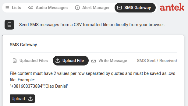 SMS Gateway tabs.