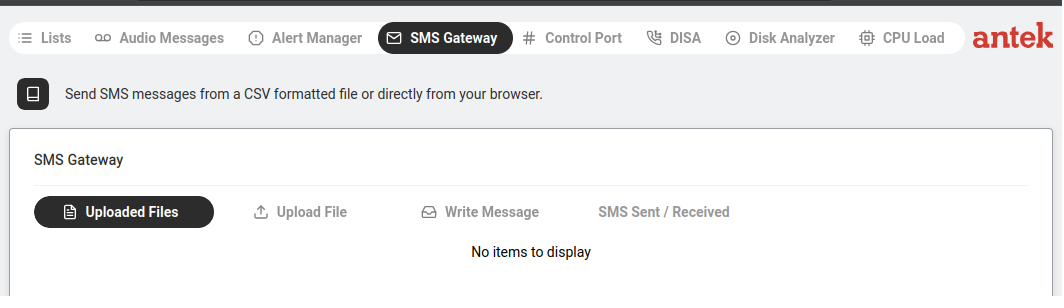 SMS Gateway page with tabs for uploaded files, composing messages, and viewing sent/received.