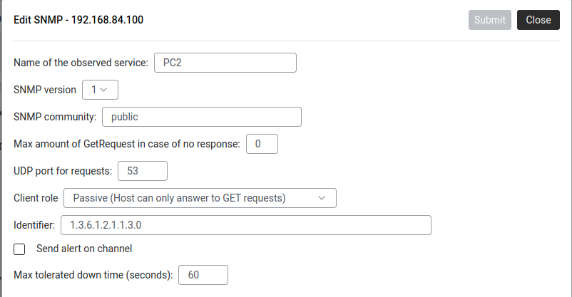SNMP monitoring setup — service name, community, OID, alert channel.